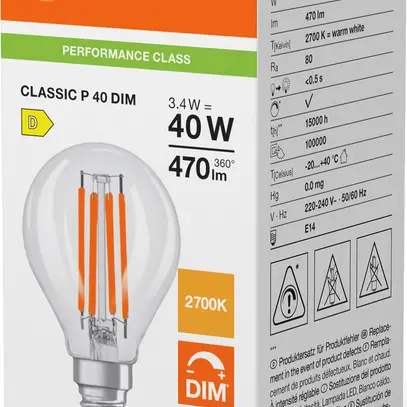 Lampe LED LEDVANCE CLASSIC P E14 3.4W 470lm 827 VAR clair Ø45×80mm 