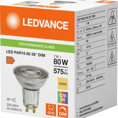 Lampada LED LEDVANCE GU10 7W 575lm 3000K REG Ø50×52mm PAR16 chiaro 36° 