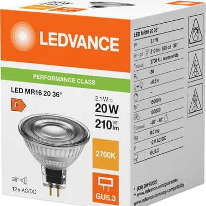 Lampe LED LEDVANCE GU5.3 12V 2.1W 210lm 2700K Ø50×44mm MR16 clair 36° 
