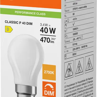 LED-Lampe LEDVANCE CLASSIC B22d 3.4W 470lm 827 DIM mattiert Ø45×79mm 