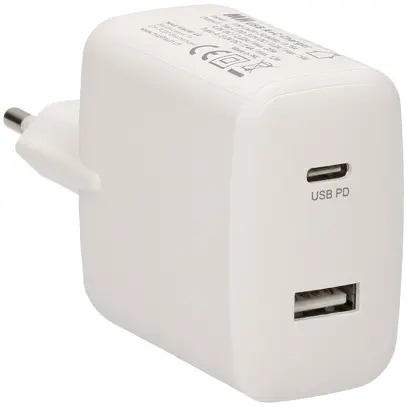 Caricatore USB MAX HAURI 1×A+1×C PD 30W 5/9VDC 2.4/2A T26 240VAC bianco 