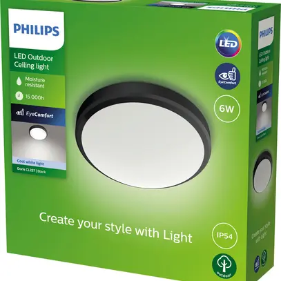 Plafonnier LED Philips Doris 6W 640lm 4000K IP54 Ø220mm noir 