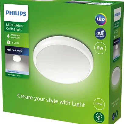Plafonnier LED Philips Doris 6W 640lm 4000K IP54 Ø220mm blanc 
