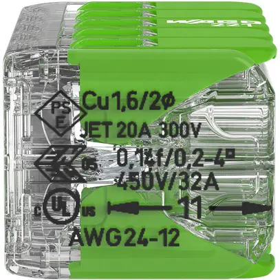 Borne de connexion WAGO Green Range 10L 0.2…4mm² avec levier vert transparent 