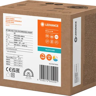 Spot LED INS LEDVANCE Combo ADJ 6W 600lm 927/930/940 IP65 60° REG Ø81.5mm bianco 