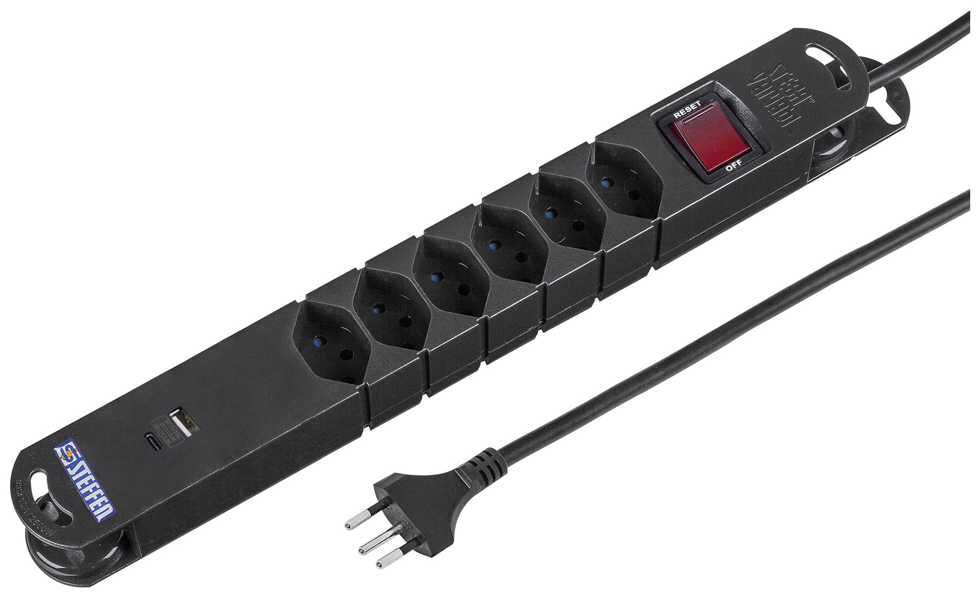 Steckdosenleiste Steffen VARIABL magnetisch 6×T13 1×USB-A 1×USB-C Schalter 3m sz