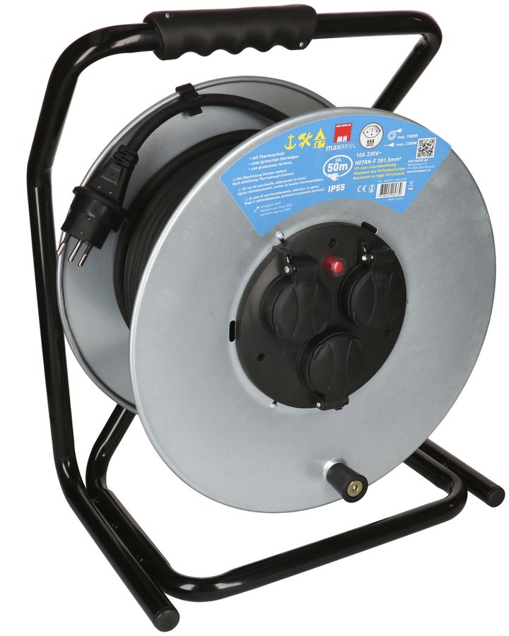 Kabelrolle MAX HAURI Stahl 230V 10A 3×T13 50m 3×1.5mm² IP55 silber