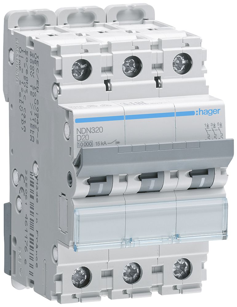 Leitungsschutzschalter Hager MCB 3P 415V Typ D 20A Icn 10kA Icu 15kA 3TE
