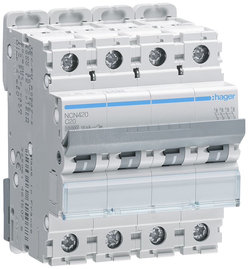 Leitungsschutzschalter Hager MCB 4P 415V Typ C 20A Icn 10kA Icu 15 kA 4TE