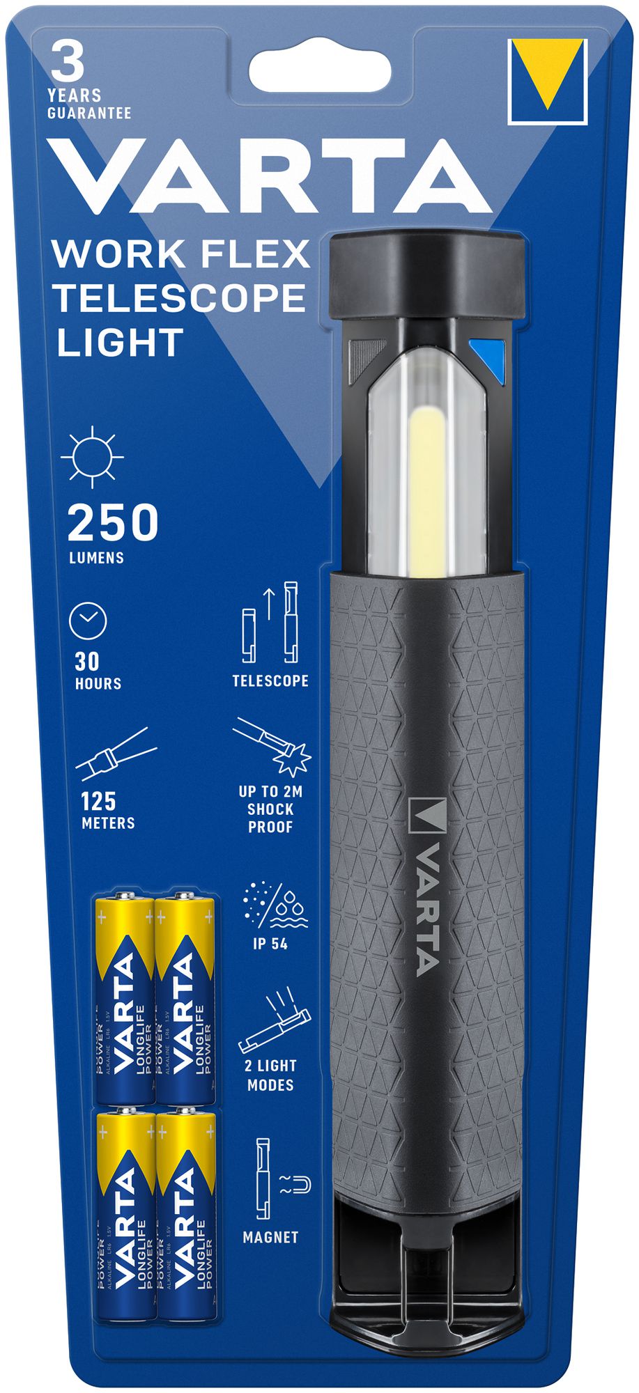 Lampe de poche LED VARTA Work Flex Telescope Light 250lm, avec 4×AA, IP54