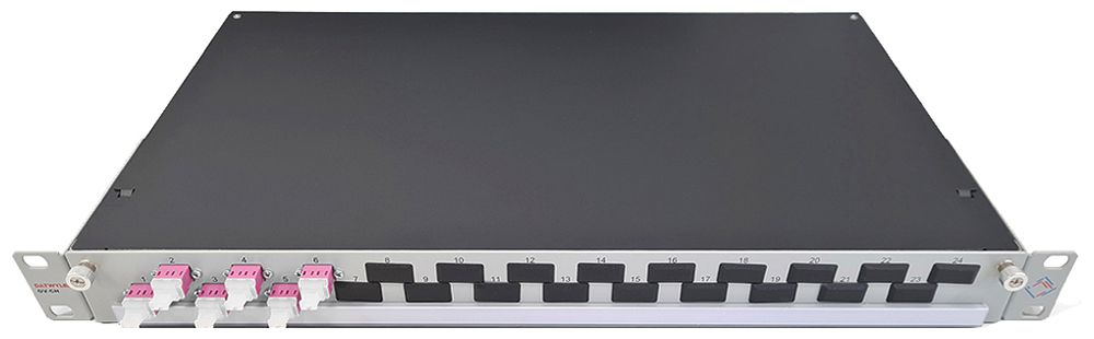 Coffret d'épissure 19" Dätwyler OV-CH 6×LCD/PC violet OM4 décalé 1UH argent