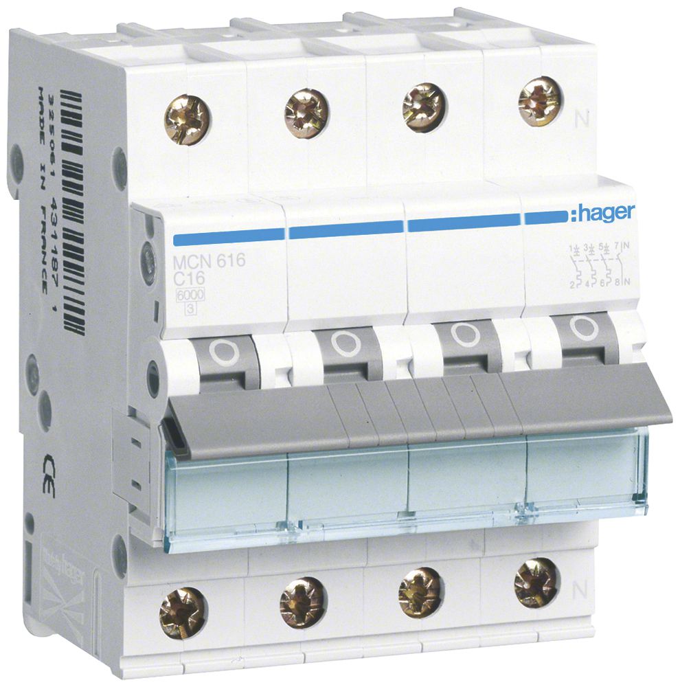 Leitungsschutzschalter Hager MCN 4P 415V Typ C 16A Icn 6kA 4TE