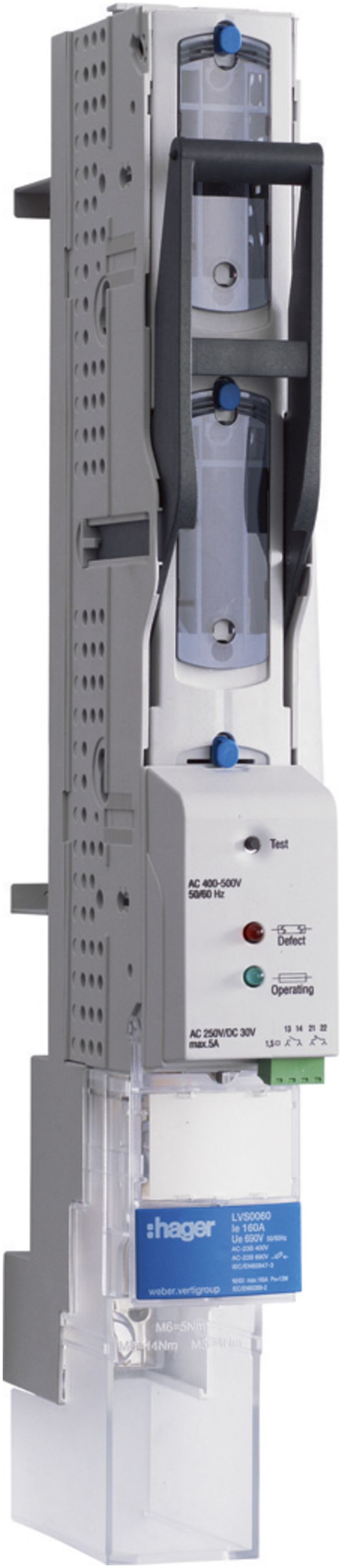 Réglette HPC weber.vertigroup 3P DIN00 160A rail/adaptateur 60mm ra.direct surv.