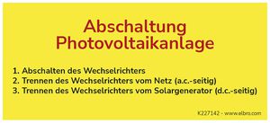 Warnaufkleber ELBRO Abschaltung Photovoltaikanlage 90×40mm gelb