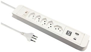 Prise multiple 10A a.interrupteur EN/HORS 5×T13 1×USB-A 1×USB-C blanc