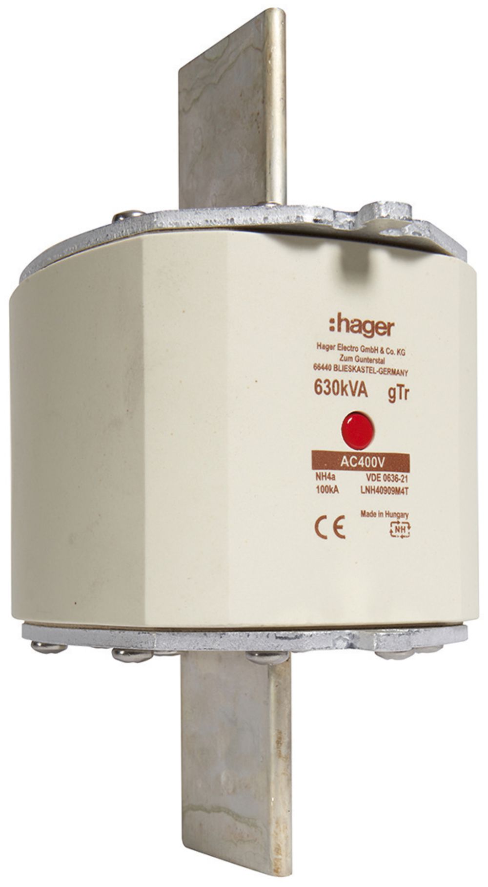 Fusibile HPC Hager DIN4 400VAC 909A 630kVA gTr segnalatore centrale inox.
