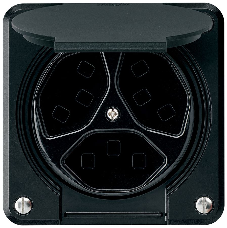 Prise Hager robusto, 3×T23, avec clapet A, noir