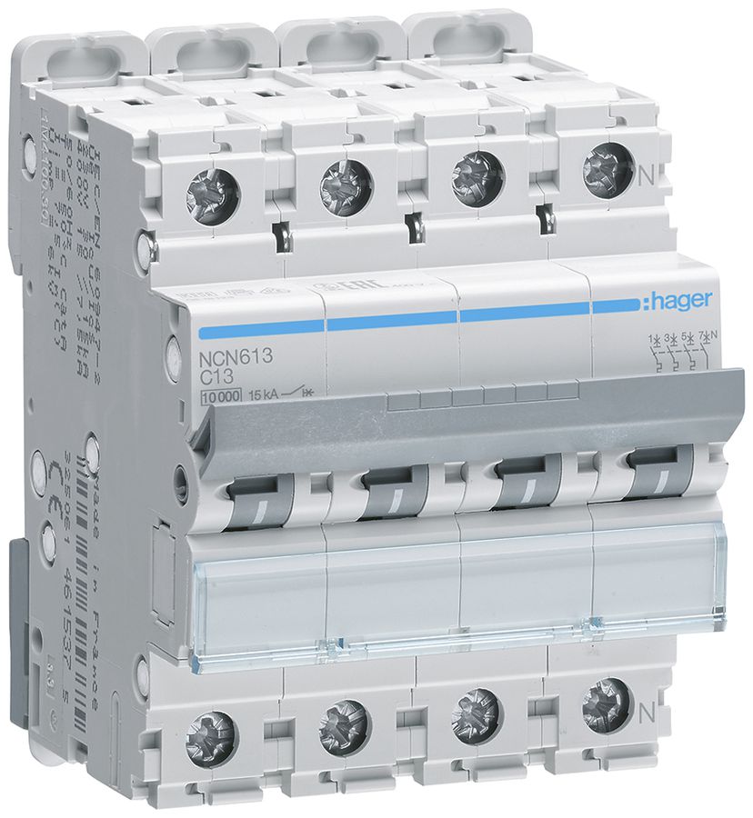 Leitungsschutzschalter Hager MCB 3P+N 415V Typ C 13A Icn 10kA Icu 15 kA 4TE