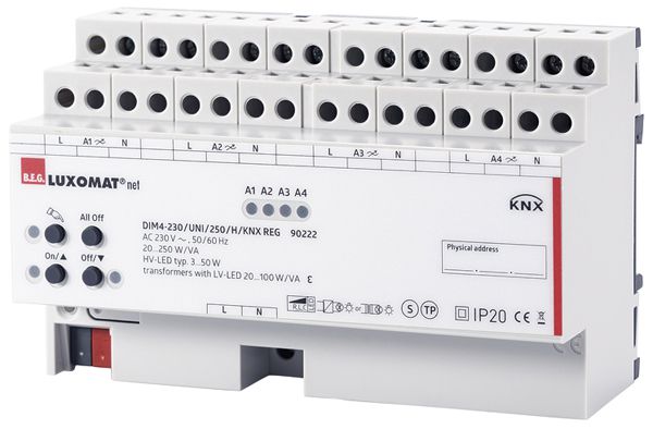 REG-Dimmaktor KNX Luxomat DIM4-230/UNI/250/H/KNX, 230VAC max. 4×250W