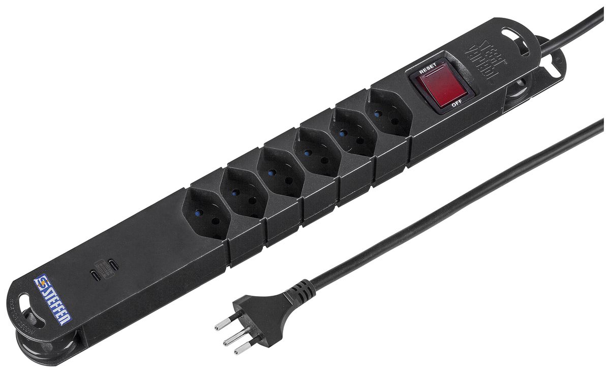 Prise multiple Steffen VARIABL magnét. 6×T13 2×USB-C avec interrupteur 3m noir
