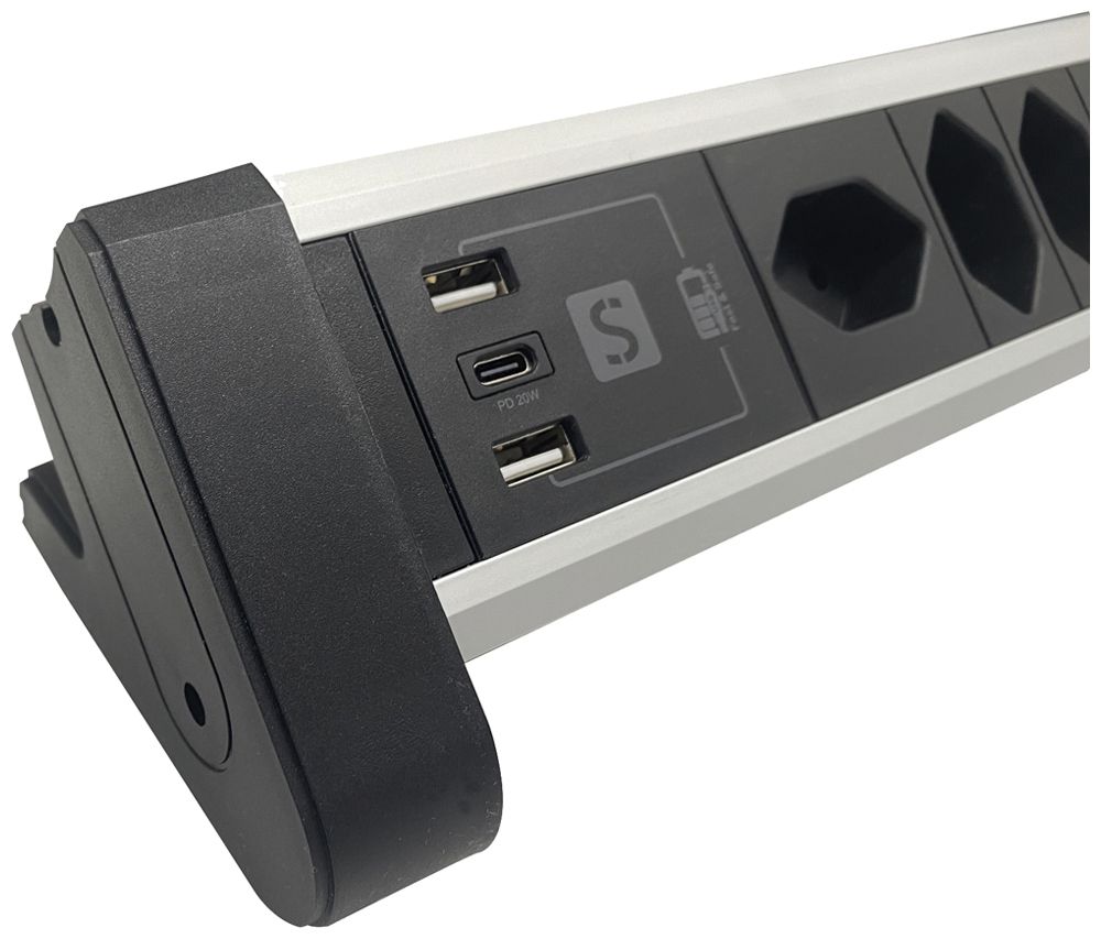 Tischsteckdosenleiste 4×T13/2×USB-A/1×USB-C 2m T12 schwarz/aluminium