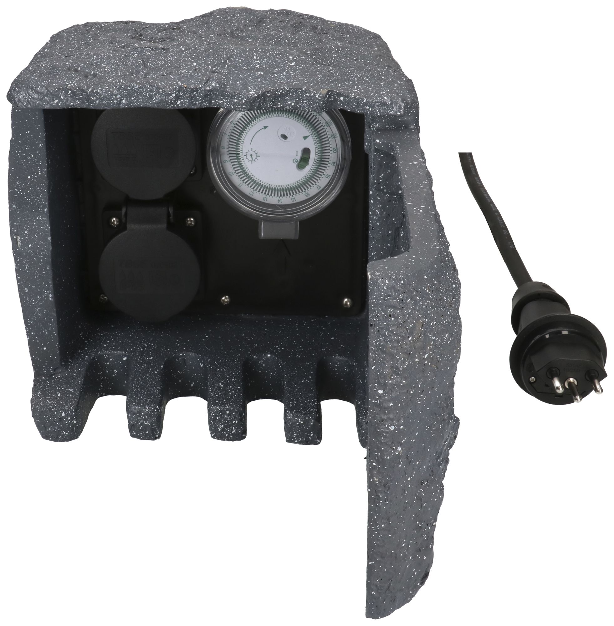 Gartensteckdose MH 2×T13 Zeitschaltuhr Steinoptik dgu Kunstharz 1.4m mit T13 10A