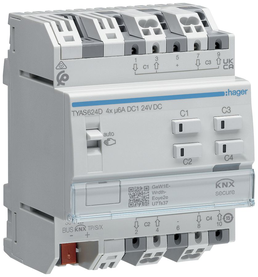 REG-Jalousieaktor KNX Hager 4 Ausgänge 6A 1380W 24VDC IP20 4TE