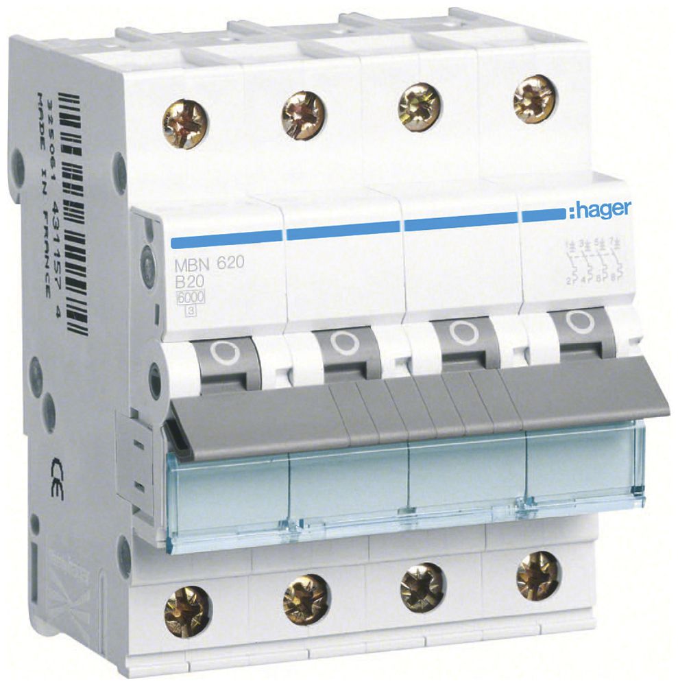 Leitungsschutzschalter Hager MCB 4P 415V B 20A 6kA 10kA 4TE