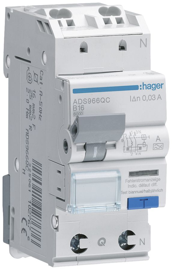 FI/LS-Schalter Hager RCBO QC 2P 230V Char.B 16A 0.03A Typ A 6kA 2TE