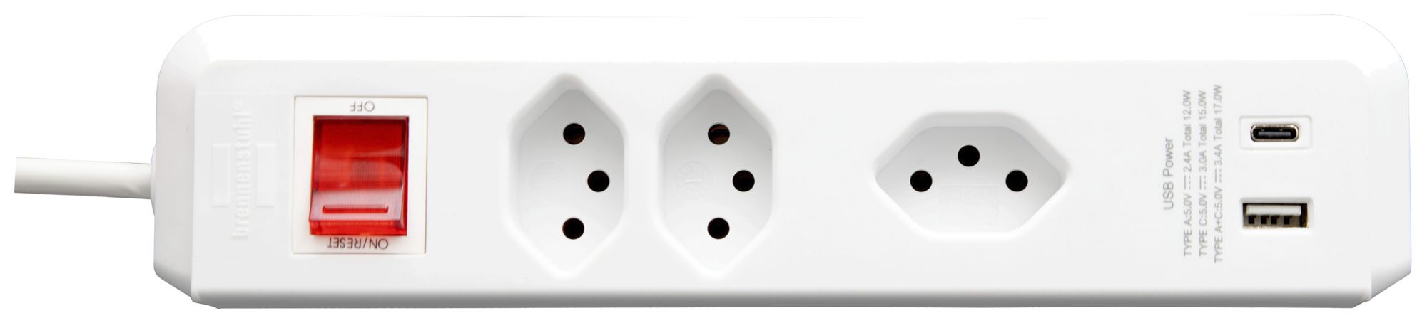 Prise multiple cleverLINE interrupteur 2+1×T13 1×USB A+C 2m H05VV-F 3×1mm² bc