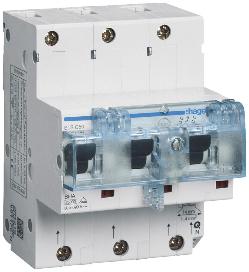 Disjoncteur Hager MCB 3P 230V caractéristique au déclenchement Cs 50A 25kA 2UM