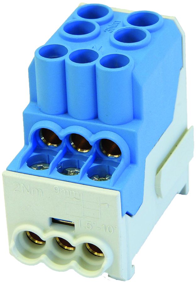 Bloc répartiteur type UVB 2×25/6×10mm² 100A CU bleu