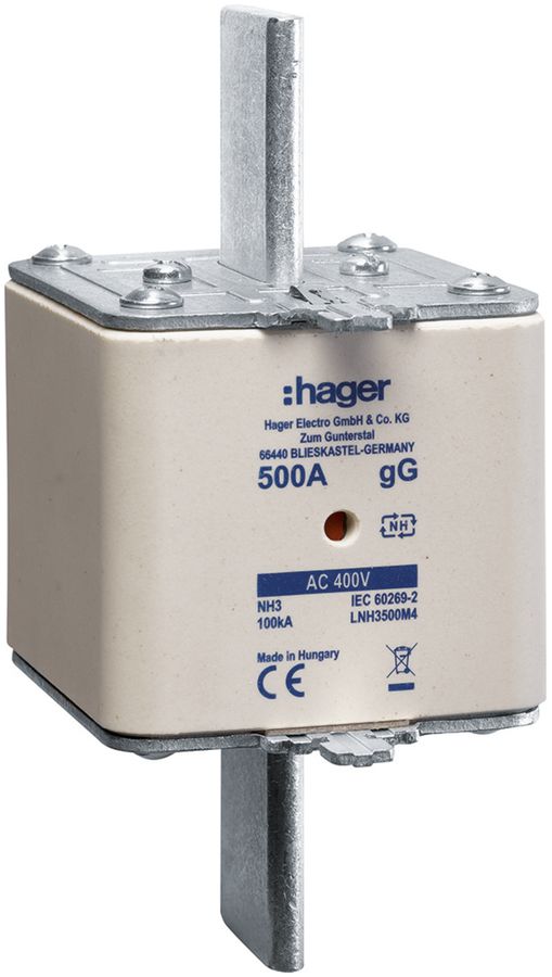 Fusible HPC Hager DIN3 400VAC 500A gG/gL avertisseur double antirouille