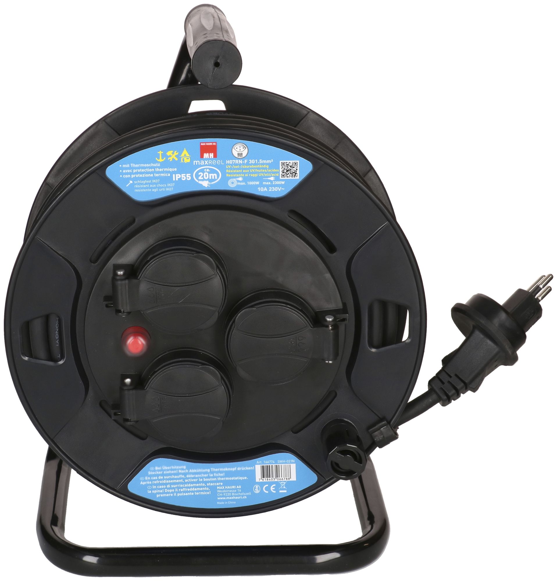 Kabelrolle MAX HAURI Kunststoff 230V 10A 3×T13 20m 3×1.5mm² IP55 schwarz