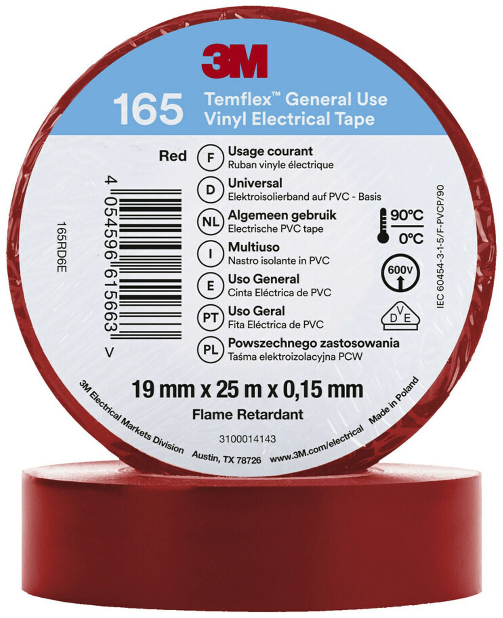 Ruban isolant 3M Temflex 165 19mm×25m×0.15mm rouge VDE 600V 0…90°C