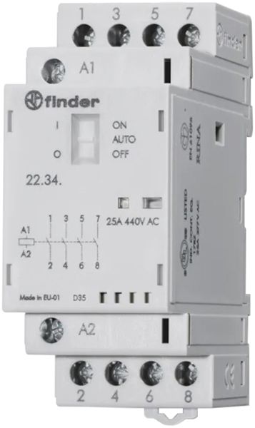 Contattore AMD Finder 22.32, 24VUC, 4Ch 25A/440VAC AgSnO2, LED+interruttore
