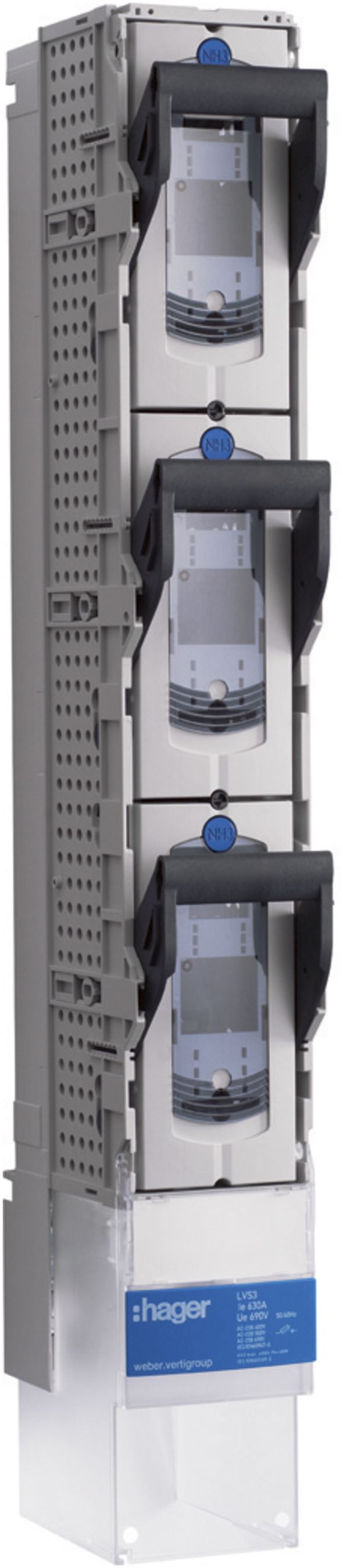 Réglette HPC weber.vertigroup 1P DIN3 630A rail 185mm borne acier