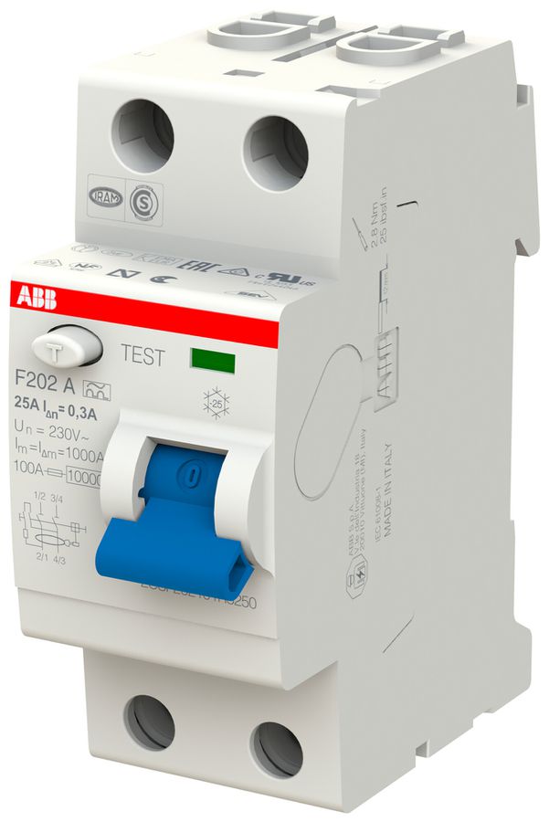 Fehlerstromschutzschalter ABB 300mA 25A 1P+N F202A-25/0.3