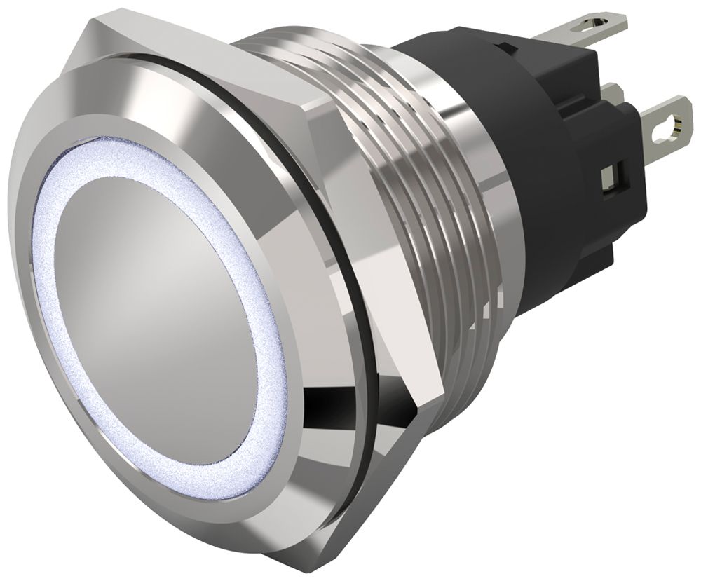 Leuchtdrucktaster EAO 82 1COM 24V Steckanschluss flach Ø22mm tastend weiss