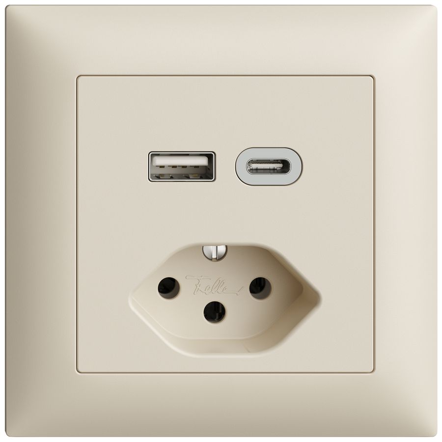 Prise ENC USB type A+C + type 13 Feller EDIZIOdue FMI 230V 3000mA crema