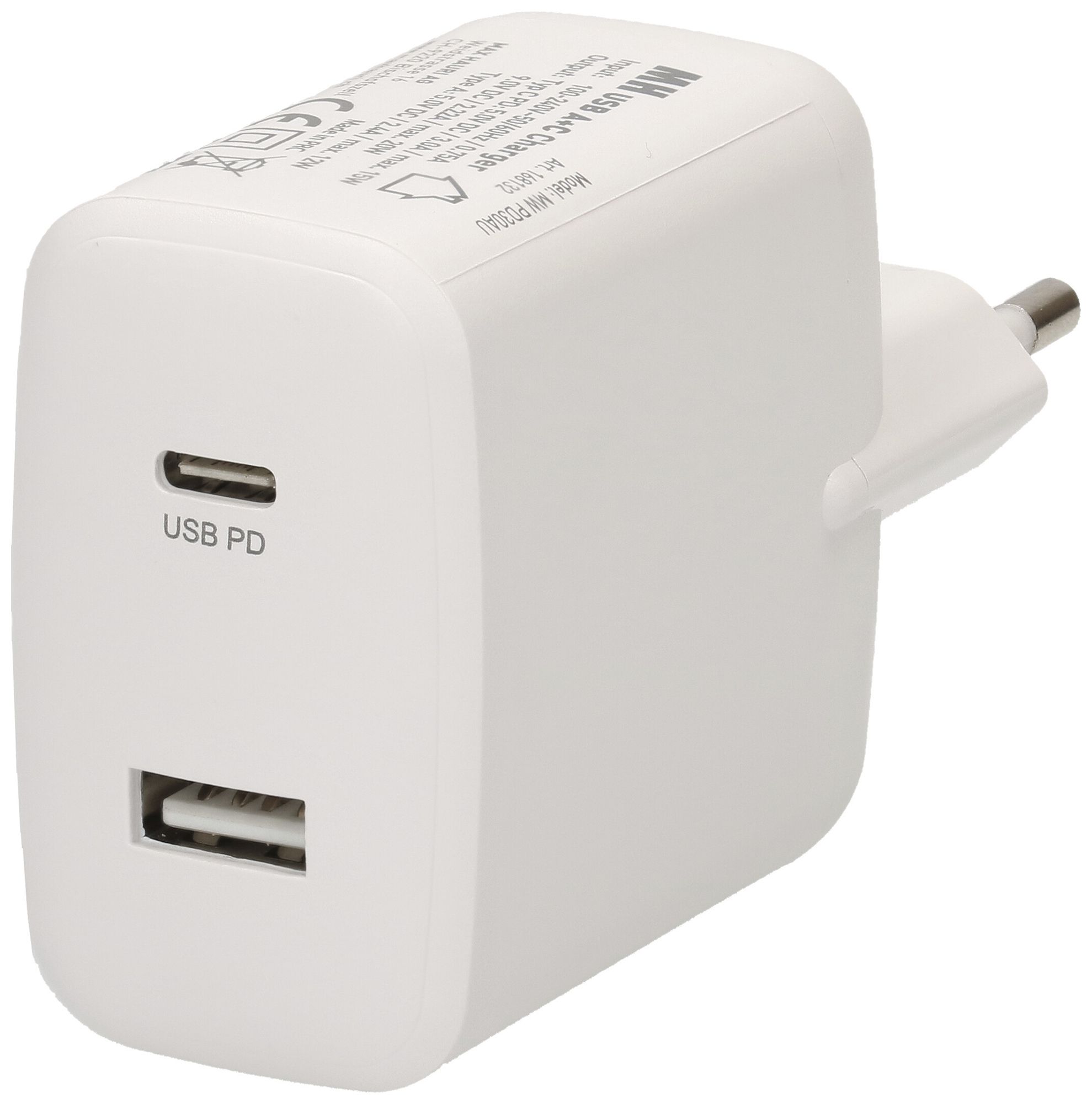 USB-Ladegerät MAX HAURI 1×A+1×C PD 30W 5/9VDC 2.4/2A T26 240VAC weiss