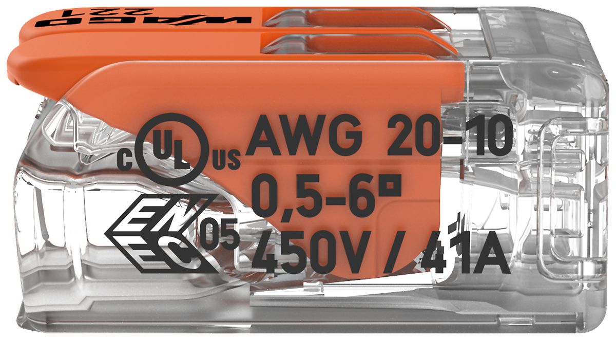 Verbindungsklemme WAGO 221 2×0.5…6mm² Hebel 41A 450V orange transparent
