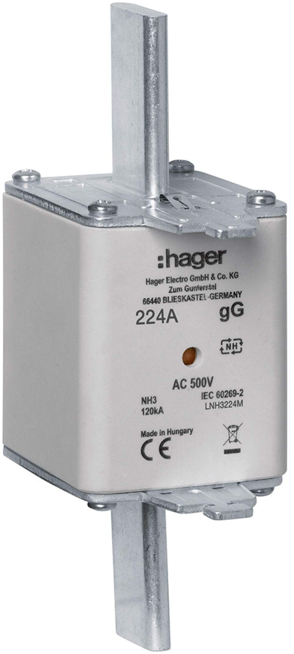 Fusible HPC Hager DIN3c 500VAC 224A gG/gL avertisseur double antirouille