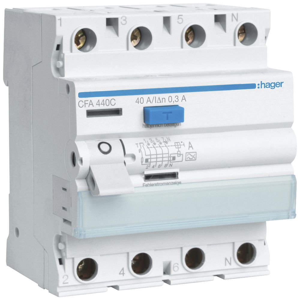 Fehlerstrom-Schutzschalter Hager RCCB (RCD) 4P 400V 0.3A Typ A 40A 4TE