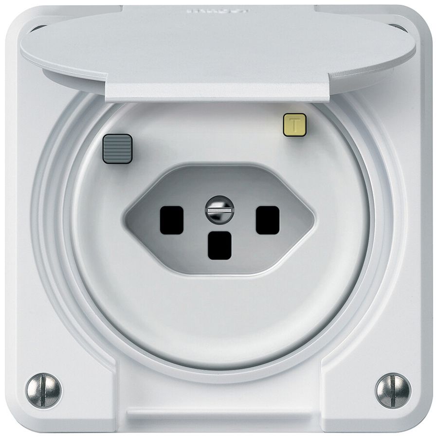 Prise FI robusto 1×T13 30mA 10A 250V 86×86mm IP21 blanc