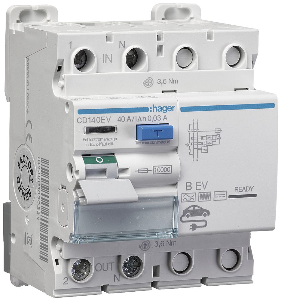 Fehlerstromschutzschalter Hager 1P+N 10kA 40A 30mA Typ B EV 4TE