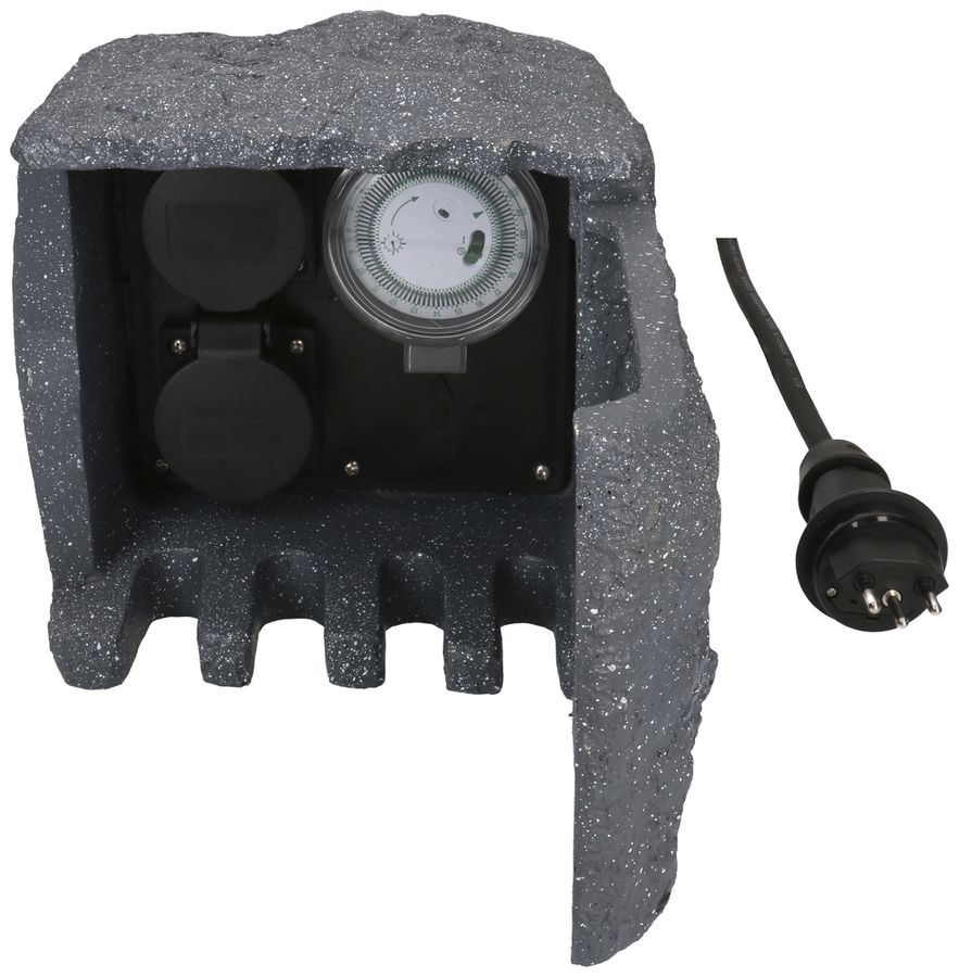 Gartensteckdose MH 2×T13 Zeitschaltuhr Steinoptik dgu Kunstharz 1.4m mit T13 10A