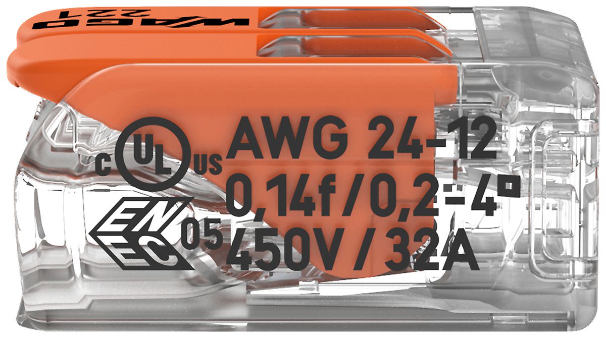 Morsetto di connessione WAGO 221 2×0.2…4mm² leva 32A 450V arancione trasparente