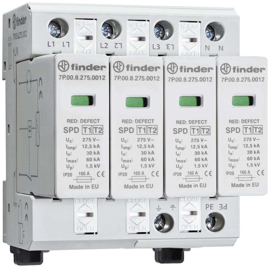REG-Überspannungsableiter Finder 7P.05, Typ 1+2, 3L/N 160A, TN-S
