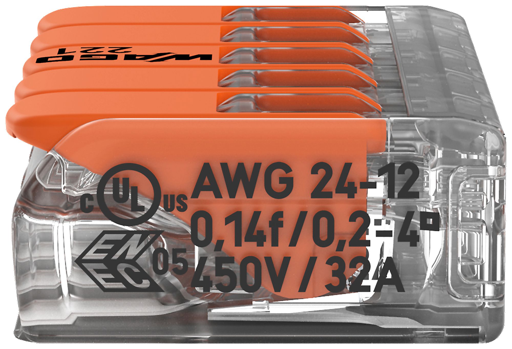 Borne de connexion WAGO 221 5×0.2…4mm² levier 32A 450V orange transparent